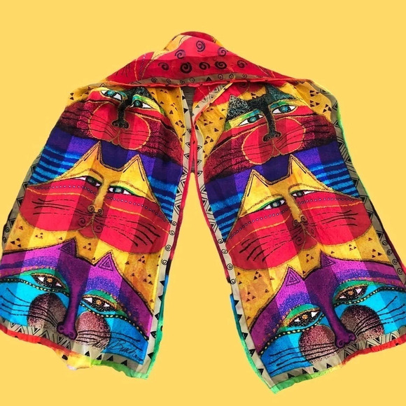 Laurel Burch Lightweight 100% Silk Scarf Cat Faces Rainbow Striped Hand Rolled - Picture 1 of 5